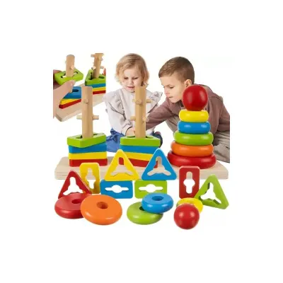 Sortator puzzle pentru copii, 14 piese incluse, 3 forme, stimuleaza creativitatea, lemn, multicolor