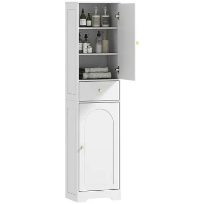 HOMCOM Dulap baie înalt, mobilier depozitare coloană cu dulapuri, sertar și rafturi reglabile 40x29,5x170cm alb | Aosom Romania