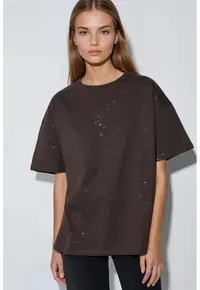 Tricou dama maneca scurta - paiete - maro - jerseu