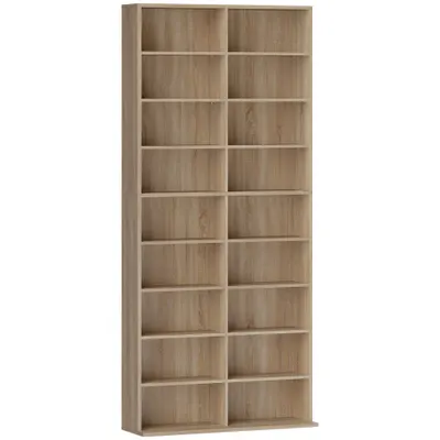 HOMCOM Raft DVD cu 9 niveluri, 18 compartimente și 14 rafturi reglabile, spațiu pentru 640 CD-uri, 360 DVD-uri sau 430 Blu-ray-uri, lemn natural | Aosom Romania