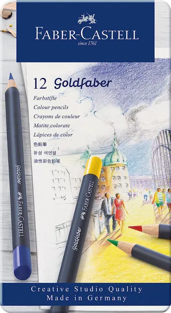 Set de creioane colorate Faber-Castell Goldfaber - 12 culori, într-o cutie metalică