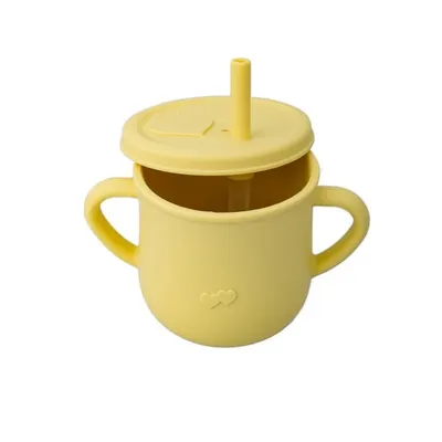 Cana din silicon cu manere si pai pentru copii 200 ml galben pal