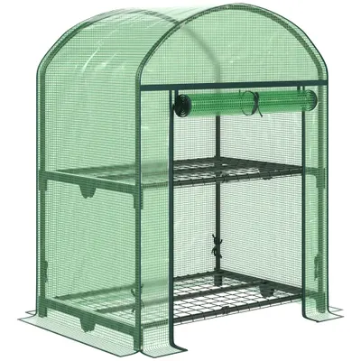 Outsunny Mini Seră de Grădină cu 2 Rafturi Metalice și Acoperiș PE, Seră Compactă pentru Balcon și Terasă, 69x49x91 cm, Verde | Aosom Romania