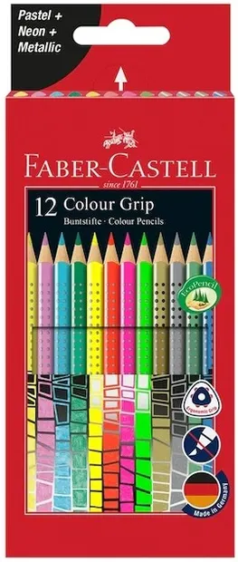 Creioane acuarela Faber-Castell Grip - 12 culori pastelate, neon și metalice