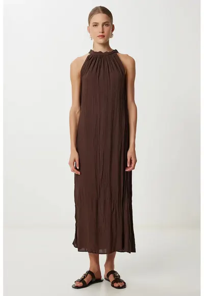 Rochie midi - Happiness Istanbul - texturata - maro mocha - bumbac/elastan