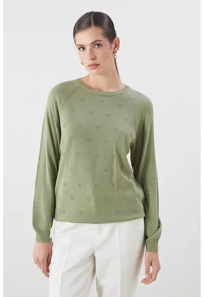 Pulover cu broderie florala si maneci raglan - Verde sparanghel