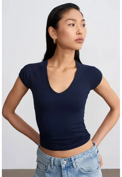 Bluza dama - crop slim fit - elastic - bleumarin - bumbac/modal/elastan