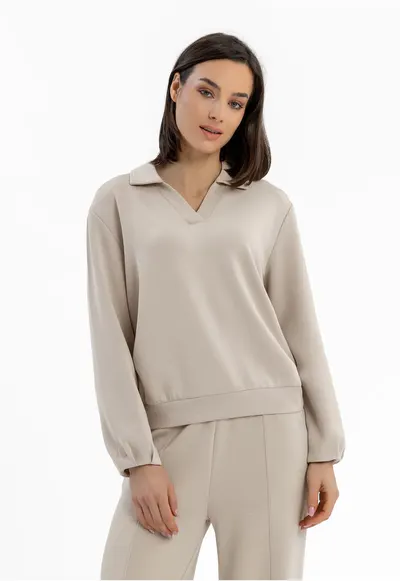 Bluza de trening dama cu guler - decolteu in V - uni - Regular Fit - B-Nalia - bej - Bej