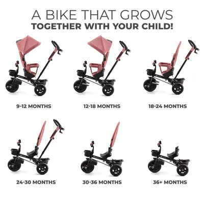 Tricicleta pentru copii Kinderkraft Aveo Rose Pink de la 9 luni, cu sezut rotativ, suport pentru picioare, maner cu control al directiei, gentuta si cos pentru accesorii
