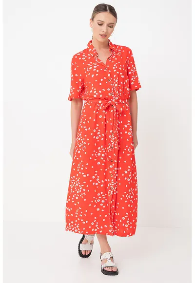 Rochie-camasa maxi vaporoasa cu model floral Island Escape - Alb/Rosu vermillion