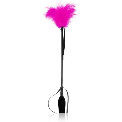 Secret play Riding Crop Black bici din piele ecvestru cu accesoriu de pene Fuchsia 52 cm