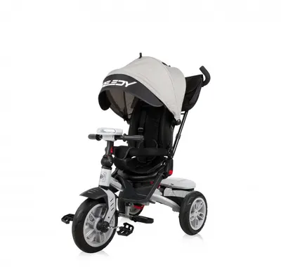 Tricicleta pentru copii Lorelli Speedy Air GreyBlack multifunctionala, 4 in 1, scaun rotativ, spatar inalt reglabil pe 3 pozitii, maner cu control parental, 2 tipuri de suport pentru picioare