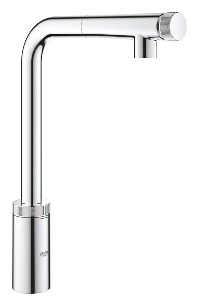 Baterie bucatarie Grohe Vento 30443000, inalta, tip L, dus, dubla comanda, Crom