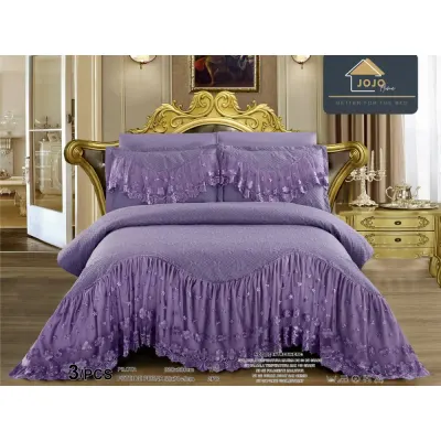 Cuvertura pat dublu, 3 piese, Bumbac Finet, 220x280cm, cu volanase si broderie, Jojo Home, Mov