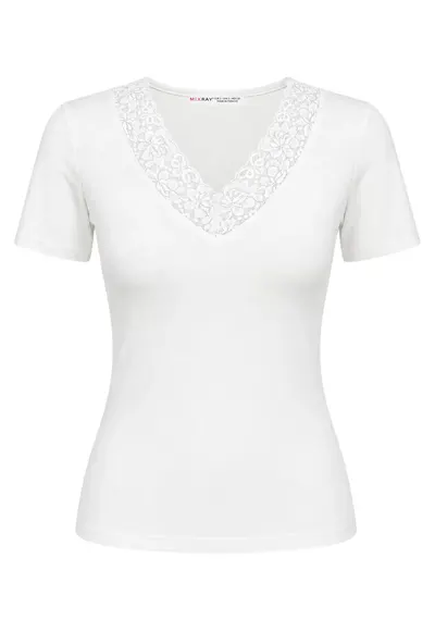 Tricou dama - slim - decolteu in V - dantela - alb - captusit