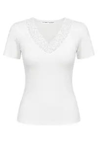 Tricou dama - slim - decolteu in V - dantela - alb - captusit