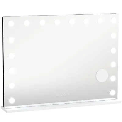 HOMCOM Oglindă Hollywood pentru machiaj cu 18 lămpi LED reglabile, 3 culori, lumină RGB, difuzor Bluetooth, mărire 10x Alb | Aosom Romania