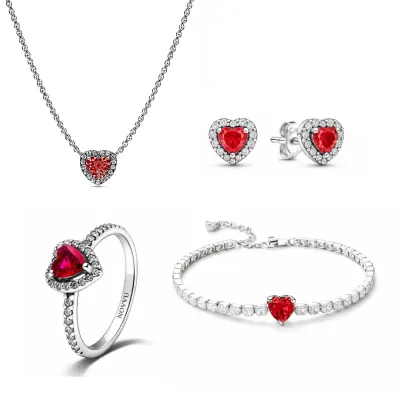 Set bijuterii Inel,Cercei,Bratara si Colier Red Heart Cu Argint