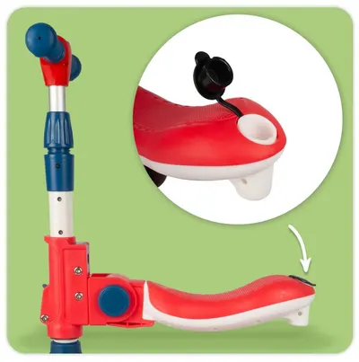 Trotineta pentru copii, Malplay, pliabila, 2 in 1, scaunel detasabil, roti din PU cu lumini Led, punte antiderapanta si frana de picior, ghidon reglabil pe inaltime, manere ergonomice, 56 x 28 x 66 cm, Red