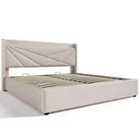 Pat dublu cu ladă de depozitare, funcție de încărcare USB Tip C, din bumbac și in, fără saltea, 160x200 cm, Bej