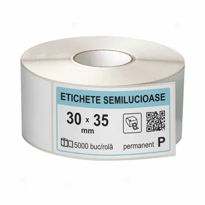Rola etichete autoadezive semilucioase 30x35 mm, adeziv permanent, 5000 etichete rola