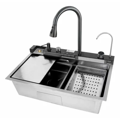 Chiuvetă modernă de bucătărie culoare :argintiu, multifuncțională, duș extractibil, spălător pahare, filtrare apă, inox, calitate premium, accesorii incluse dimensiuni 680*460*220mm