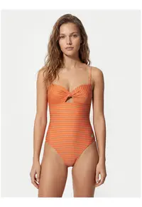 Costum de baie dama - portocaliu - dungi - material sintetic - fara inchidere
