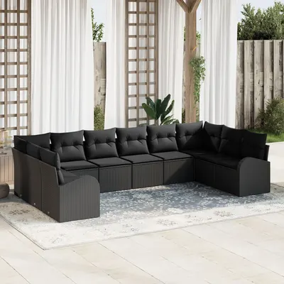 Set canapea de gradina Gossi 10 piese cu perne rattan poli negru, canapea de gradina Gossi cu depozitare si perne negru rattan poli pentru 2 persoane