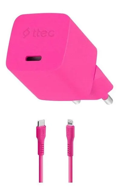 Încărcător Ttec – SmartCharger, 20W, GaN, USB-C/Lightning, roz
