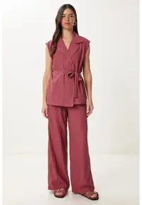 Set Coordonat Femei - Happiness Istanbul - Talie Inalta - Pantaloni Largi - Rosu Cireasa - 70% Bumbac/30% Poliester