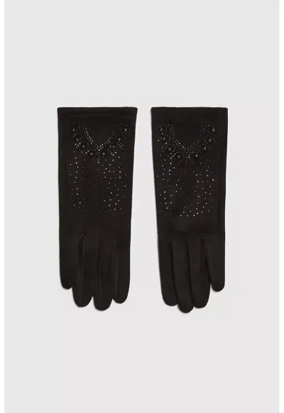Manusi femei negru - unisex - cu captuseala din blana - detalii cu zirconii