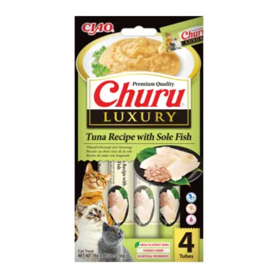 INABA Churu Luxury, Ton și Limbă-de-mare, plic recompense fără cereale pisici, (piure), 56g