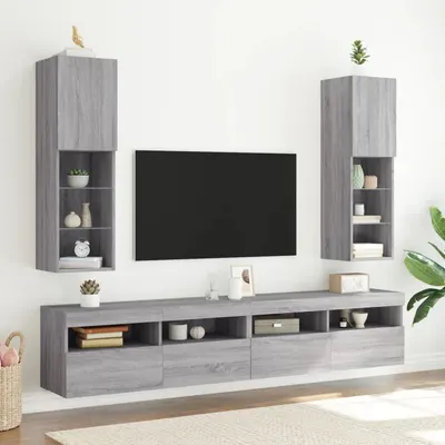 vidaXL Comode TV cu lumini LED, 2 buc., gri sonoma, 30,5x30x102 cm