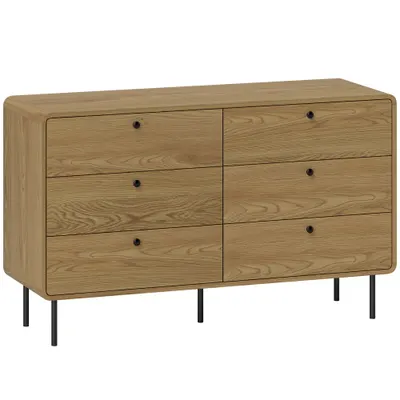 HOMCOM Comodă 6 sertare mobilier de depozitare stil modern colțuri rotunjite și picioare din oțel 120 x 40 x 75cm efect lemn de stejar | Aosom Romania