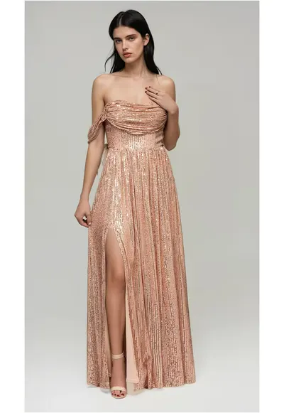 Rochie de seara Maxi LA-OM-DLR228 - Auriu
