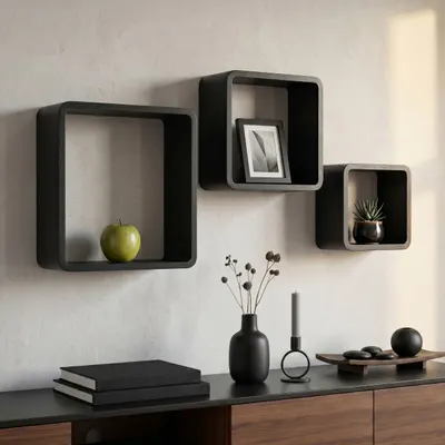 Set 3 rafturi decorative din lemn, H&S Collection, negre, 23/25,8/28,5