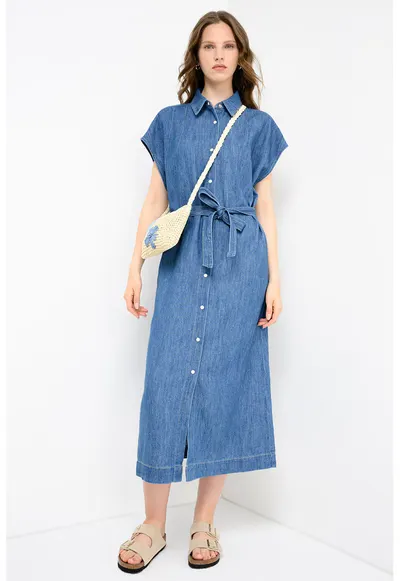 Rochie din denim cu maneci scurte si buzunare - Albastru prafuit