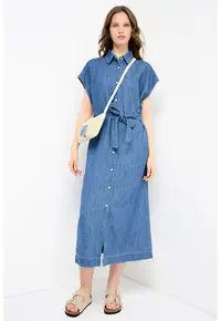 Rochie din denim cu maneci scurte si buzunare - Albastru prafuit