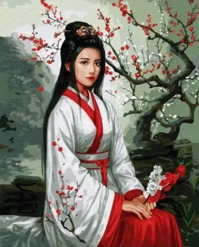 Pictură mozaic cu diamante MagicArt: Premium - Gheișă, 40 x 50 cm, cu mărgele rotunde + AB