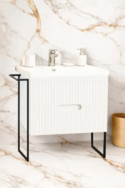 Set Baza front MDF si Lavoar seria 709, cadru metalic, cu sertare, 70 cm, alb