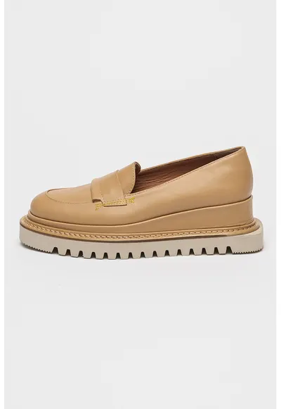Pantofi loafer din piele cu talpa wedge - Maro nisip