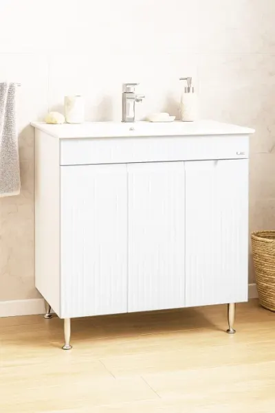 Set Baza front MDF si Lavoar seria 033, montat, 80 cm, alb rustic