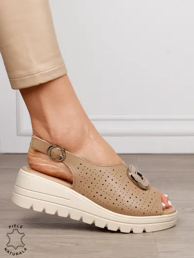 Sandale damă din piele naturală cu detaliu tip cataramă frontală CRL1659 KHAKI