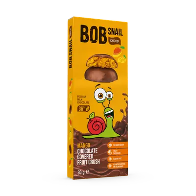 Snack fructat din mango invelit in ciocolata cu lapte, 30g, Bob Snail