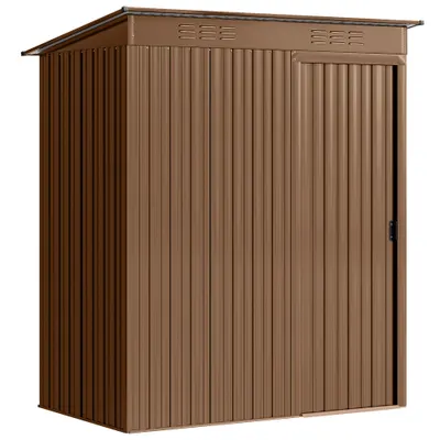 Outsunny Căsuță de Grădină 1.37m² din Metal, Montaj Ușor, Căsuță pentru Unelte de Grădină cu Orificii de Aerisire, Ușă Glisantă, Acoperiș Înclinat și Mănuși, 159x106x181 cm, Maro | Aosom Romania