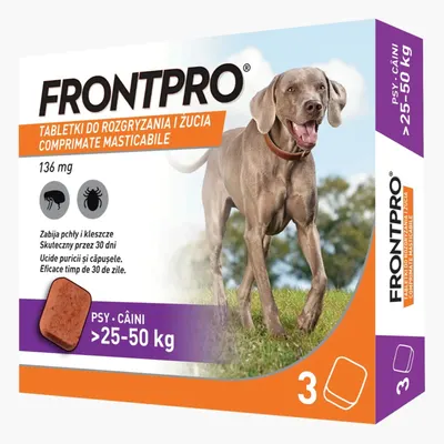 Antiparazitar caini impotriva puricilor si a capuselor, sub forma de comprimat, FrontPro XL 136 mg, pentru caini intre 25-50 kg, 1 comprimat