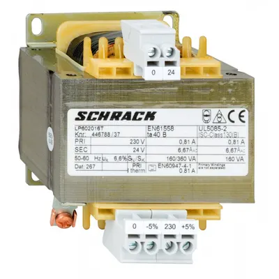 Transformator de comanda monofazat, 230V/24V, 160 VA, IP00 Schrack LP602016T