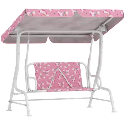 AIYAPLAY Leagăn pentru Copii de Exterior cu 2 Locuri, Acoperiș Reglabil și Centuri de Siguranță, Leagăn Grădină și Interior din Oțel și Material Oxford, Max 60 kg, 112x75x120 cm, Roz | Aosom Romania
