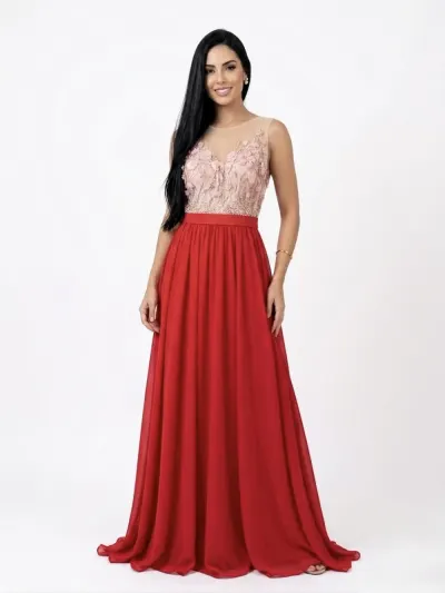 Rochie rosie din voal cu slit pe picior