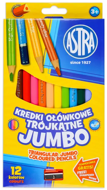 Creioane colorate triunghiulare Astra -Jumbo, 12 culori, cu ascutitoare
